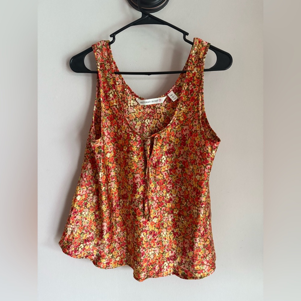 Victorias Secret Satin Cami Tank Top Orange Yellow Floral Print Sleepwear Medium